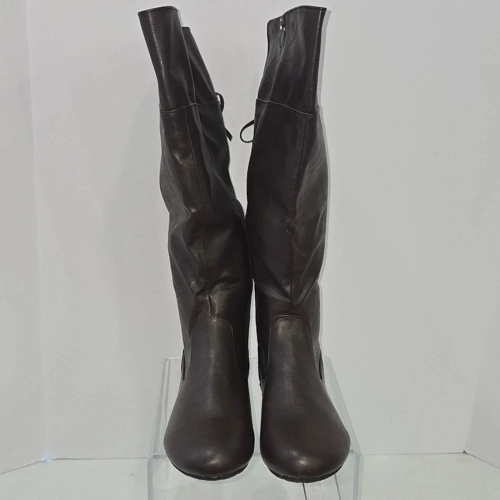 Kalli Womens Size 10 Brown Faux Leather Tall Slouch Boots Lace Up Back Flat Sole